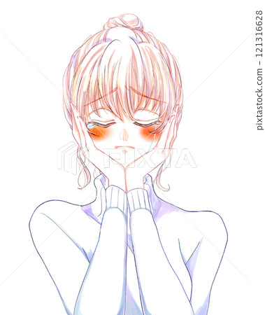 Woman crying with joy, hands on face, biting 121316628