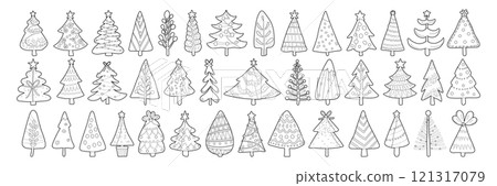 Set of isolated Christmas trees in cute doodle hand-drawn style on a transparent background. Volume 3: Black outline and white plain style. Set of isolated Christmas trees in cute doodle hand-drawn style on a transparent background. Volume 3: Black outline and white plain style. 121317079