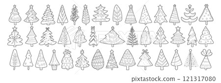 Set of isolated Christmas trees in cute doodle hand-drawn style on a transparent background. Volume 4: Black outline and white plain style. Set of isolated Christmas trees in cute doodle hand-drawn style on a transparent background. Volume 4: Black outline and white plain style. 121317080