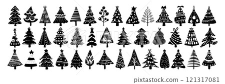 Set of isolated Christmas trees in cute doodle hand-drawn style on a transparent background. Volume 3: Black silhouette style. 121317081
