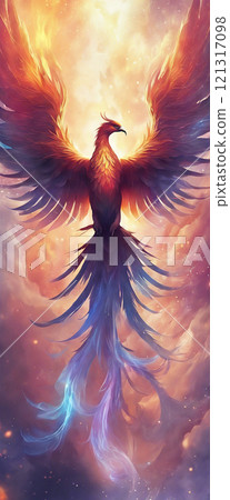 Beautiful Phoenix, reborn bird, flying in the sky - Generative AI 121317098
