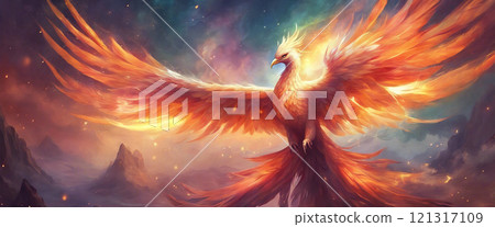 Beautiful Phoenix, reborn bird, flying in the sky - Generative AI 121317109