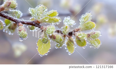 Close-up of a branch with dew-covered spring buds. 121317166