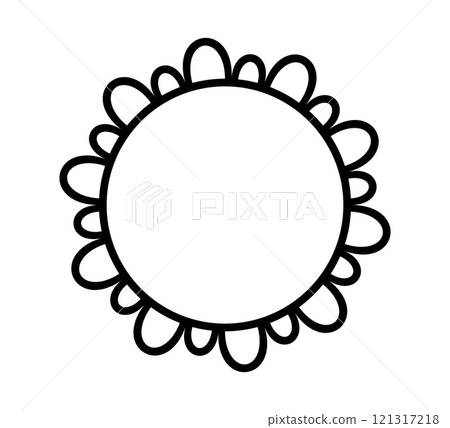 Scalloped edge circle frame. Simple round scalloped border. Fabric lace pattern frame. Repeat cute vintage frill ornament. Texture ribbon. Vector illustration isolated on white background. 121317218