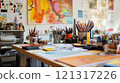 Artist's studio workspace with colorful art supplies, paintings, and drawings on a wooden table. 121317226
