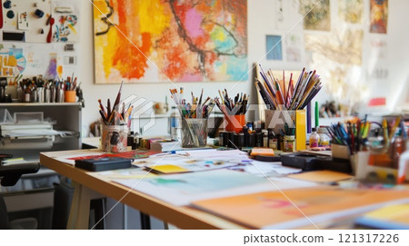 Artist's studio workspace with colorful art supplies, paintings, and drawings on a wooden table. 121317226