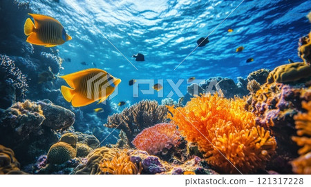 Vibrant coral reef teeming with colorful fish in a sunlit ocean. 121317228