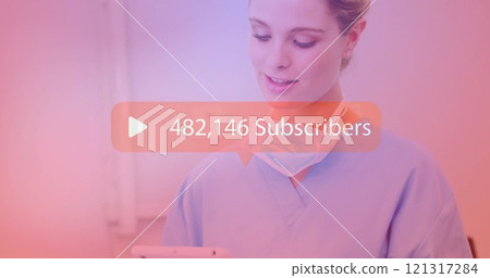 Image of subscribers growing number over caucasian female doctor using tablet Image of subscribers growing number over caucasian female doctor using tablet 121317284