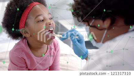 Image of network of connections with icons over african american female doctor and girl patient Image of network of connections with icons over african american female doctor and girl patient 121317310