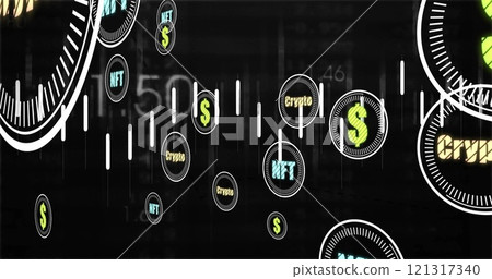 Image of cryptocurrency icons financial data processing over black background 121317340