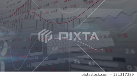 Image of financial data processing over smartphone and computer on desk 121317389