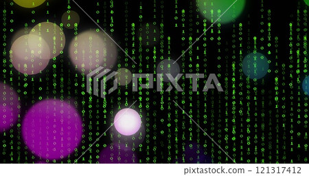 Image of binary coding and data processing over black background Image of binary coding and data processing over black background 121317412