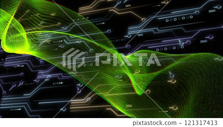 Image of light trails, circuit board and data processing over black background Image of light trails, circuit board and data processing over black background 121317413