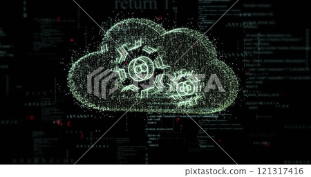 Image of cogs in cloud and data processing over black background Image of cogs in cloud and data processing over black background 121317416