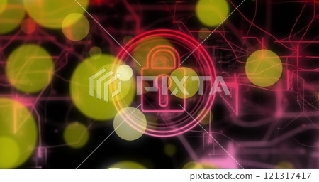 Image of padlock, light trails and data processing over black background Image of padlock, light trails and data processing over black background 121317417