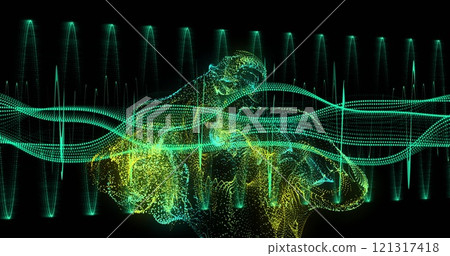 Image of light trails and data processing over black background Image of light trails and data processing over black background 121317418