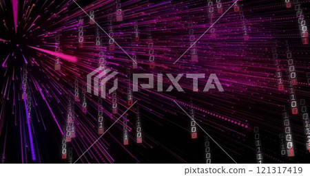 Image of binary coding and data processing over black background Image of binary coding and data processing over black background 121317419