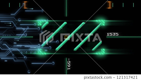 Image of circuit board and data processing over black background Image of circuit board and data processing over black background 121317421
