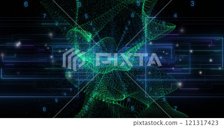 Image of light trails and data processing over black background Image of light trails and data processing over black background 121317423