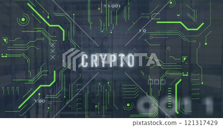 Image of network of connections over crypto text and server room Image of network of connections over crypto text and server room 121317429