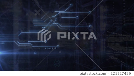 Image of network of connections and diagrams over server room Image of network of connections and diagrams over server room 121317439