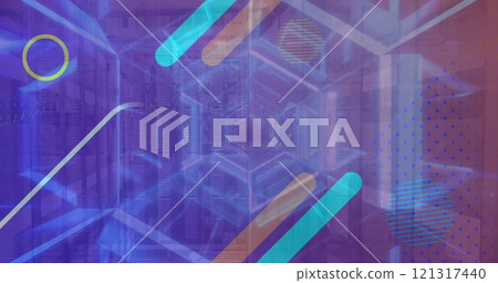 Image of shapes and digital tunnel over server room Image of shapes and digital tunnel over server room 121317440