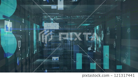 Image of data processing and diagrams over server room Image of data processing and diagrams over server room 121317441
