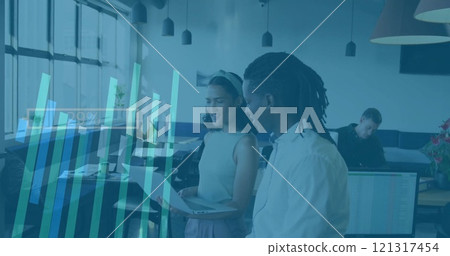 Image of financial data processing over diverse business people in office 121317454