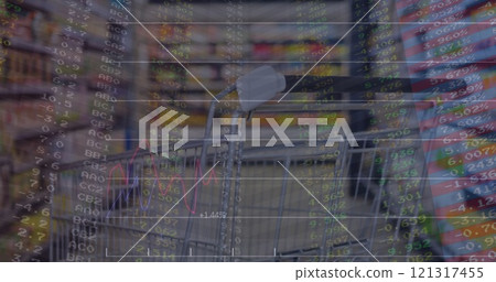 Image of financial data processing over shopping trolley in shop Image of financial data processing over shopping trolley in shop 121317455
