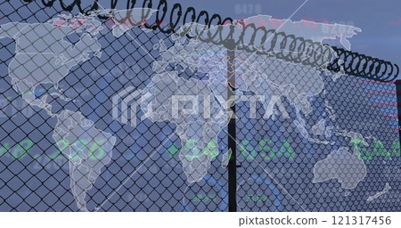 Image of financial data processing over fence and world map on blue background Image of financial data processing over fence and world map on blue background 121317456