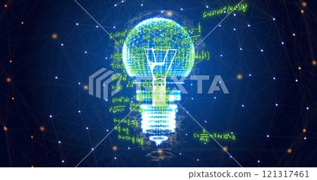 Image of mathematical equations over light bulb and network 121317461