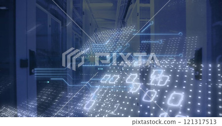 Image of binary coding data processing and circuit board over computer servers Image of binary coding data processing and circuit board over computer servers 121317513