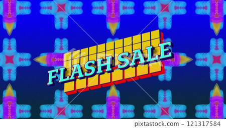 Image of flash sale text on yellow squares over blue and pink kaleidoscopic pattern 121317584