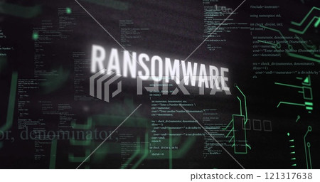 Image of ransomware text and digital data processing over black background 121317638