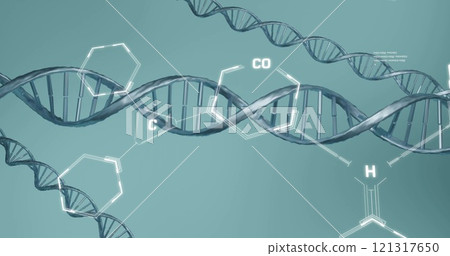 Image of scientific data processing over dna strands spinning 121317650