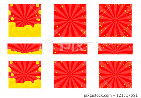 Red concentrated lines and flying coins, glitter, confetti, banner set 121317651