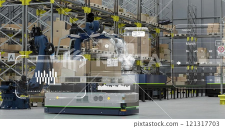 Image of diagrams and data processing over machines working in warehouse 121317703