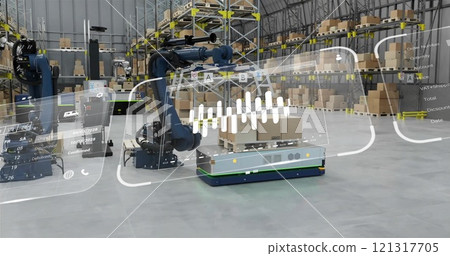 Image of diagrams and data processing over machines working in warehouse Image of diagrams and data processing over machines working in warehouse 121317705
