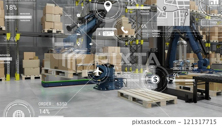 Image of diagrams and data processing over machines working in warehouse 121317715