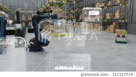 Image of diagrams and data processing over machines working in warehouse Image of diagrams and data processing over machines working in warehouse 121317719