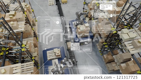 Image of diagrams and data processing over machines working in warehouse 121317725