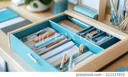 Teal desk organizer drawer with stationery and papers. 121317872