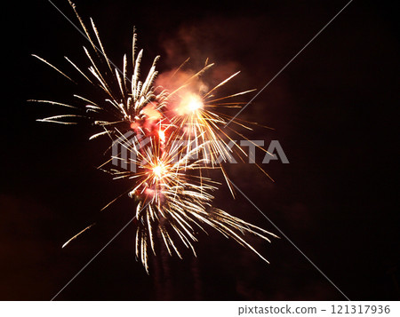 Bright fireworks burst in vibrant colors against a dark sky, creating a stunning display during a festive event. The celebration brings joy through dazzling light and sound. Bright fireworks burst in vibrant colors against a dark sky, creating a stunning display during a festive event. The celebration brings joy through dazzling light and sound. 121317936