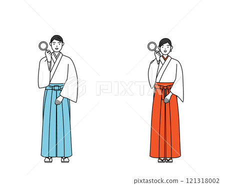 A shrine priest and shrine maiden holding a magnifying glass and putting their hands on their hips 121318002