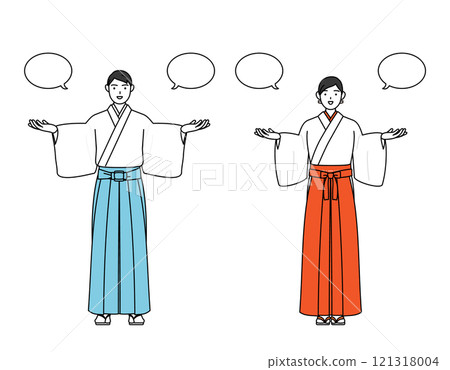 A comparison of a Shinto priest and a shrine maiden, with speech bubbles 121318004
