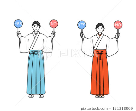 神社和巫女拿著棍子指示正確和錯誤的答案 121318009