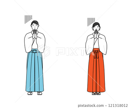 神官和巫女雙手合十在身前道歉 121318012