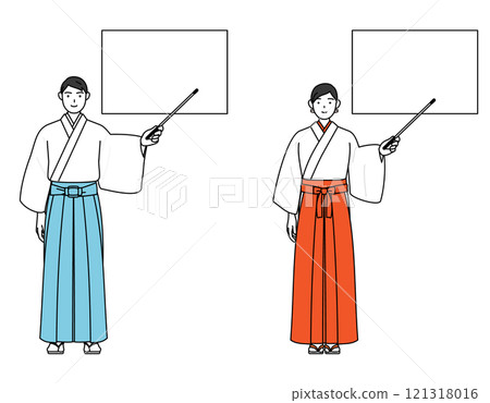 A shrine priest and shrine maiden pointing at a whiteboard with a pointer 121318016