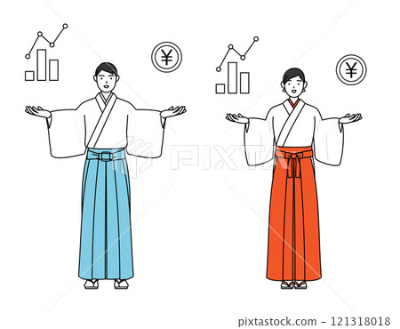 A shrine priest and shrine maiden giving a guide to the image of DX and improving business performance and sales 121318018