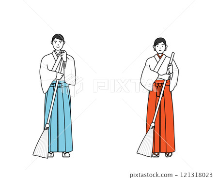 神官和巫女用掃帚打掃衛生 121318023